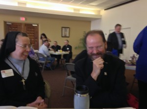 Sr. Mary Dolora makes Fr.  Fred Adamson laugh!